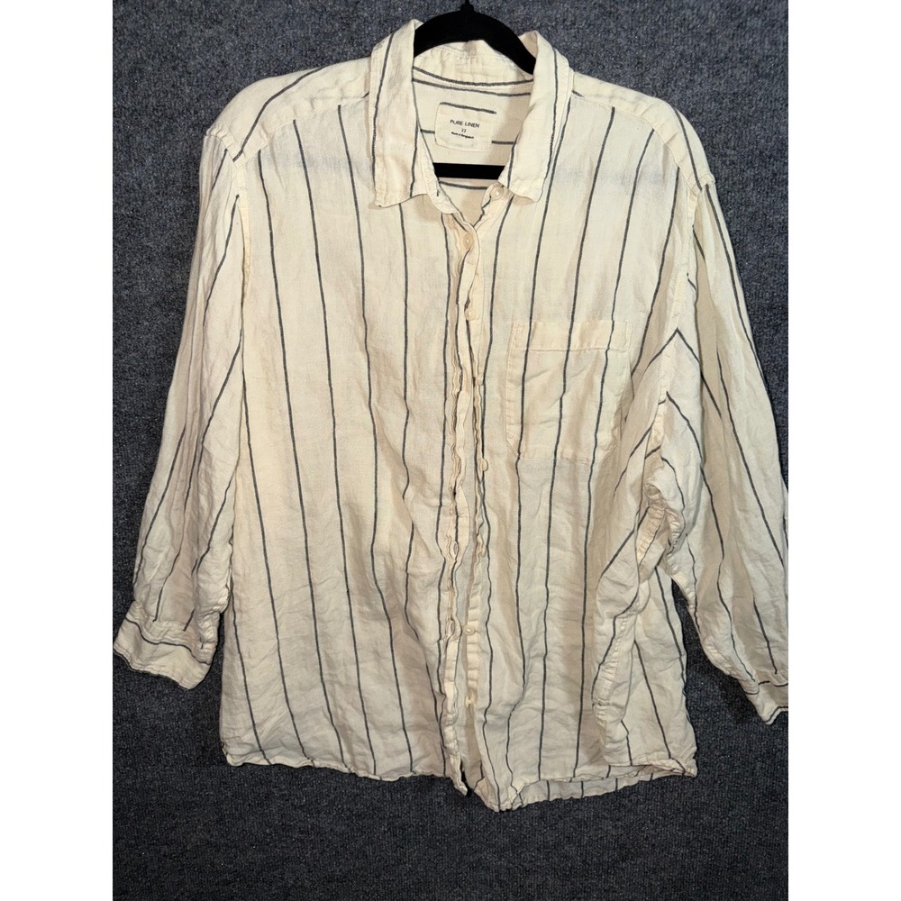 M&S Pure Linen Striped Button Down Shirt Natural Mix US Size 18 T43 3865/02477